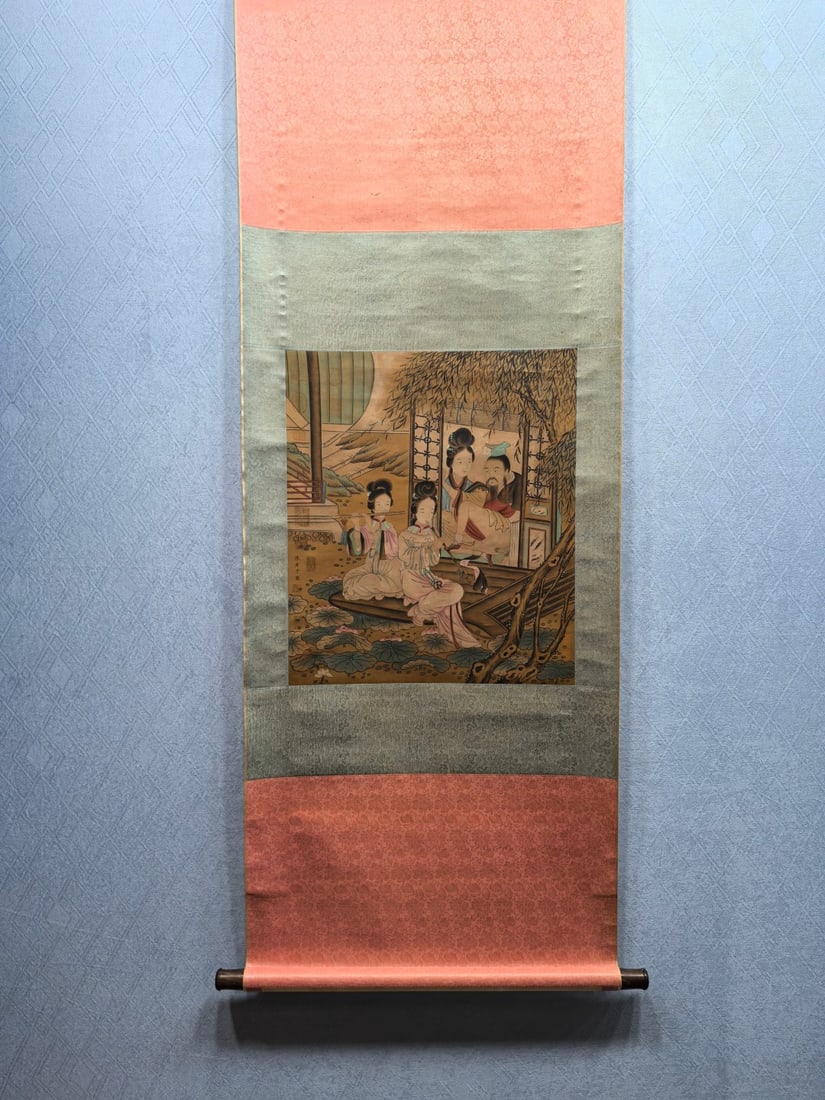 A Chinese Vertical Scroll Ink Painting of Character and Story on Silk (1 of 5)