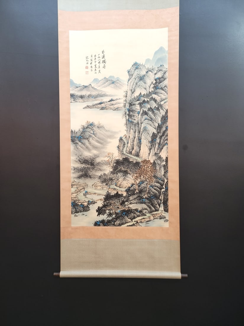 A Chinese Vertical Scroll Ink Painting of Landscape on Paper (1 of 9)