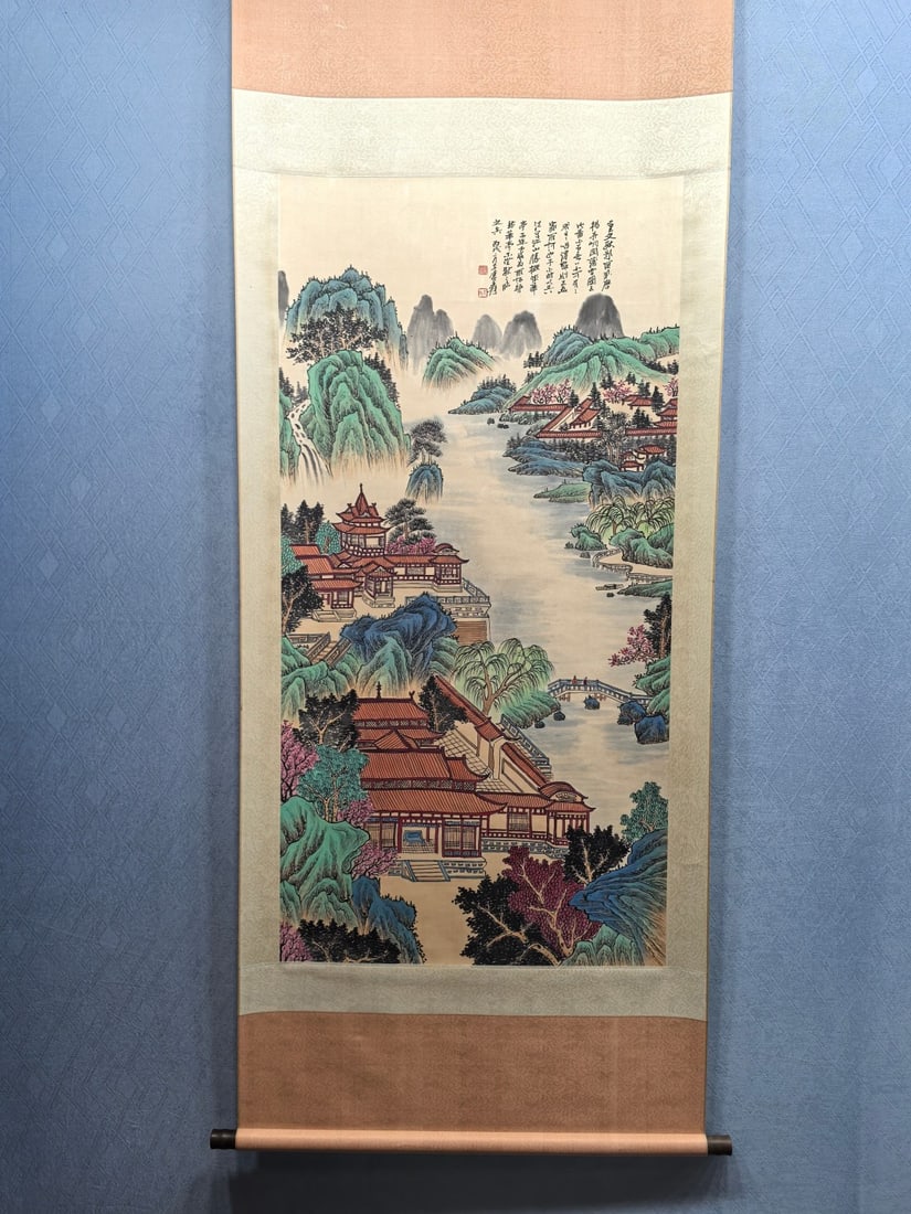 A Chinese Vertical Scroll Ink Painting of Landscape on Paper (1 of 9)