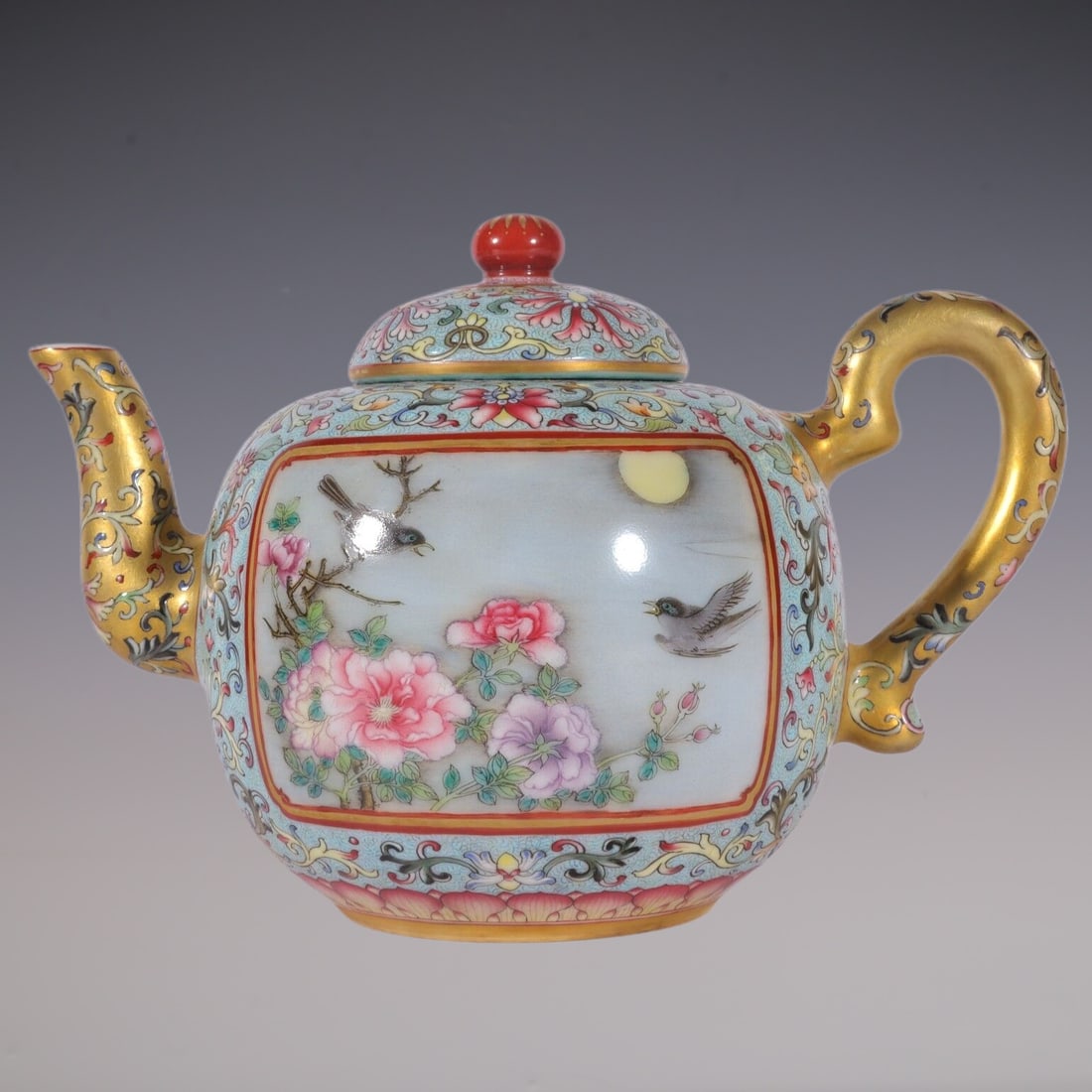An Exquisite Enamel Green Ground Lotus Pattern Flower and Bird Pattern with poem Teapot (1 of 8)