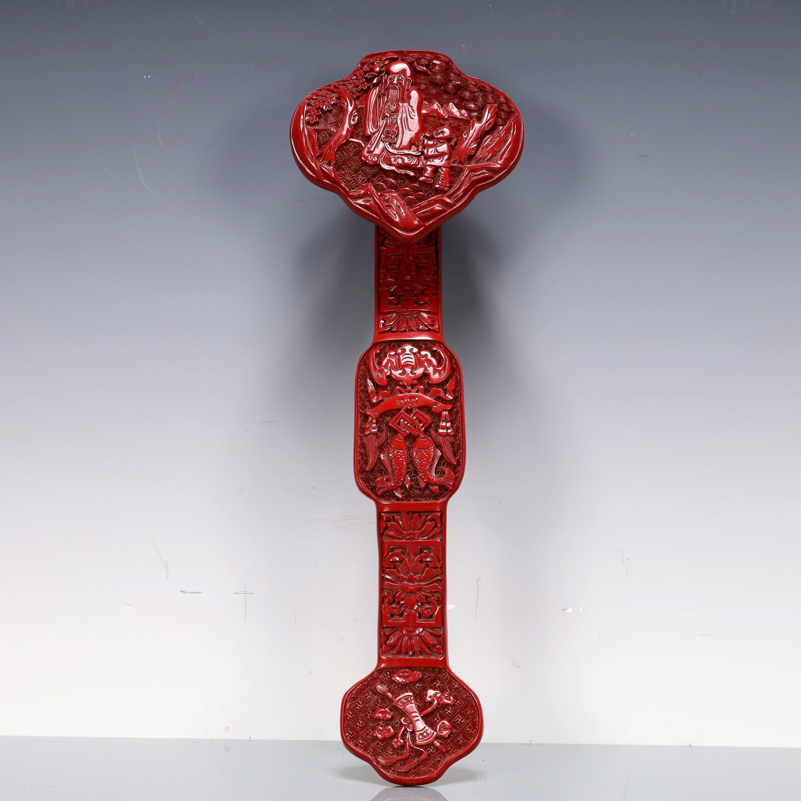 A Exquisite Carved Red Lacquer Character and Story Pattern Bats and Peach Pattern Ruyi (1 of 10)