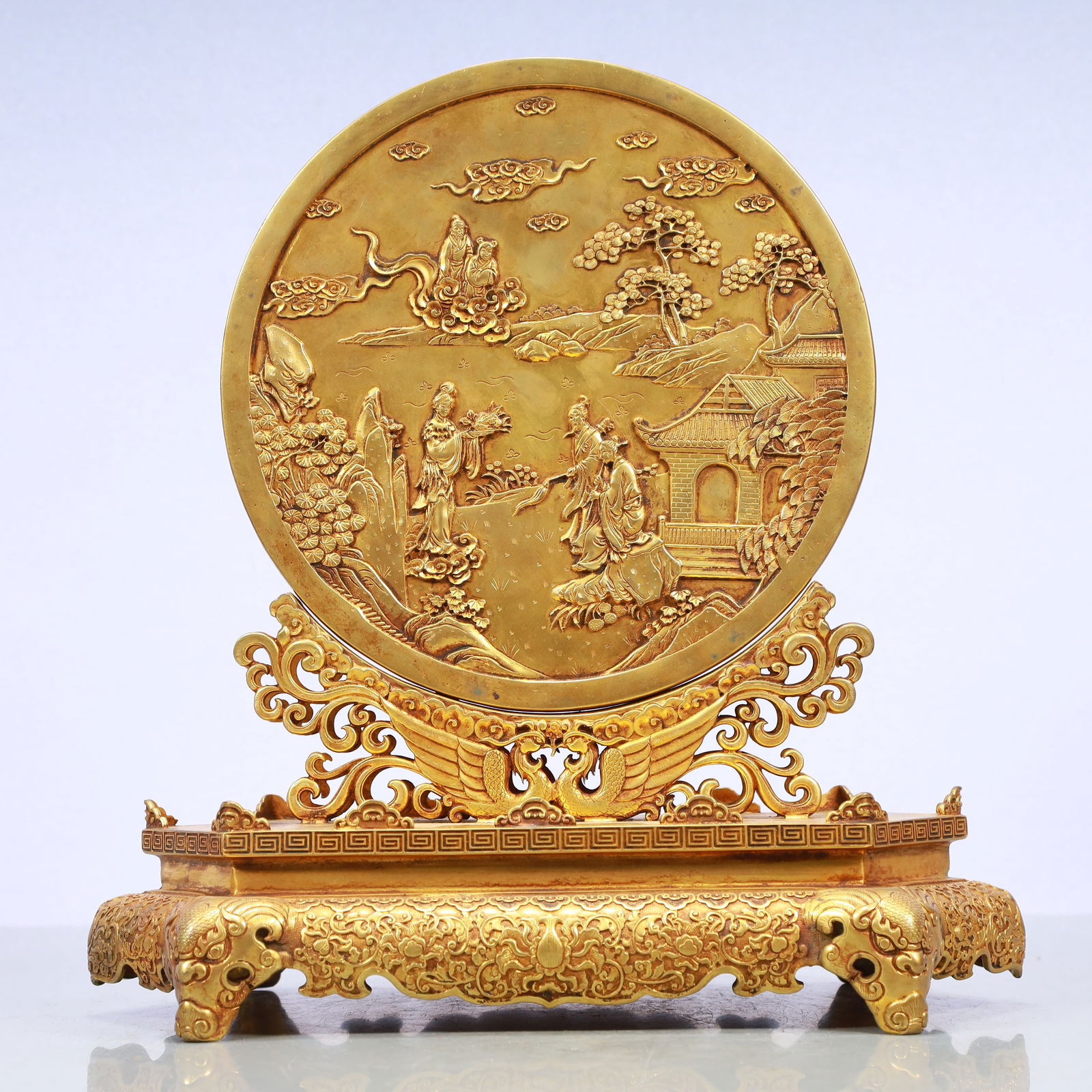 A Exquisite Gilt Bronze Landscape and Figure Pattern Lotus Pattern Screen (1 of 12)