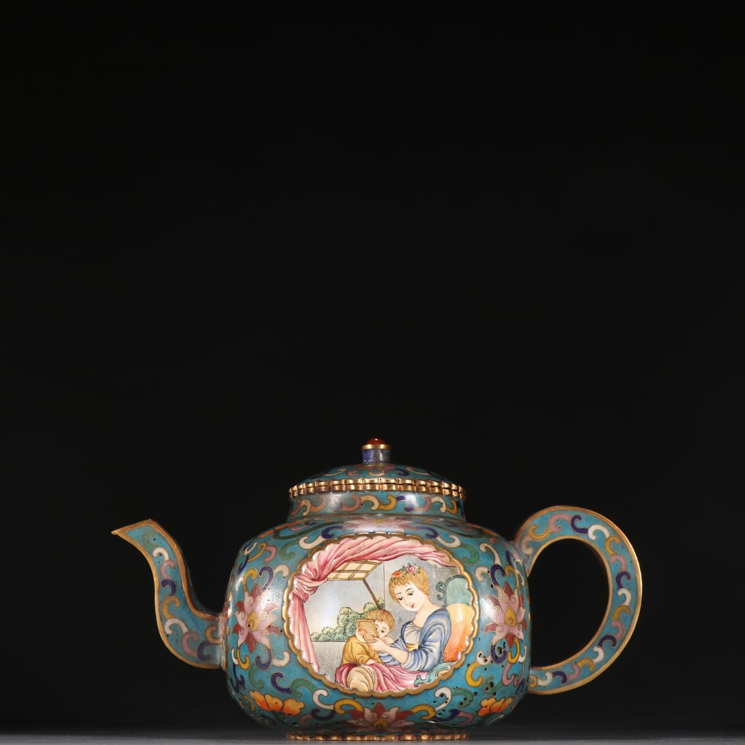 A Qing Dynasty copper gilt cloisonné painting enamel window opening character story teapot: Qing Dynasty copper gilt cloisonné painting enamel window story teapot Size:H:11.5cm W:18cm W:560g (The Dimensions Of All Batches Are Manually Measured.If You Need More Detailed Information,Please Co