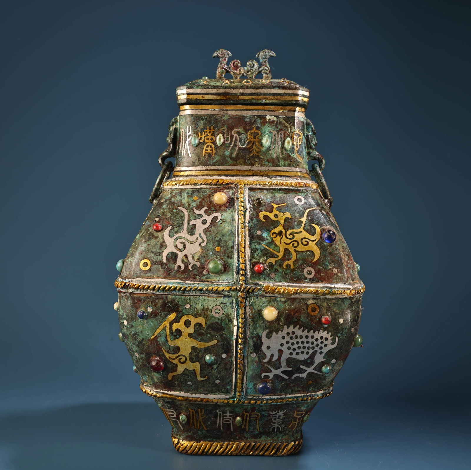 A fine bronze gold and silver inlaid gemstone square jar (1 of 11)