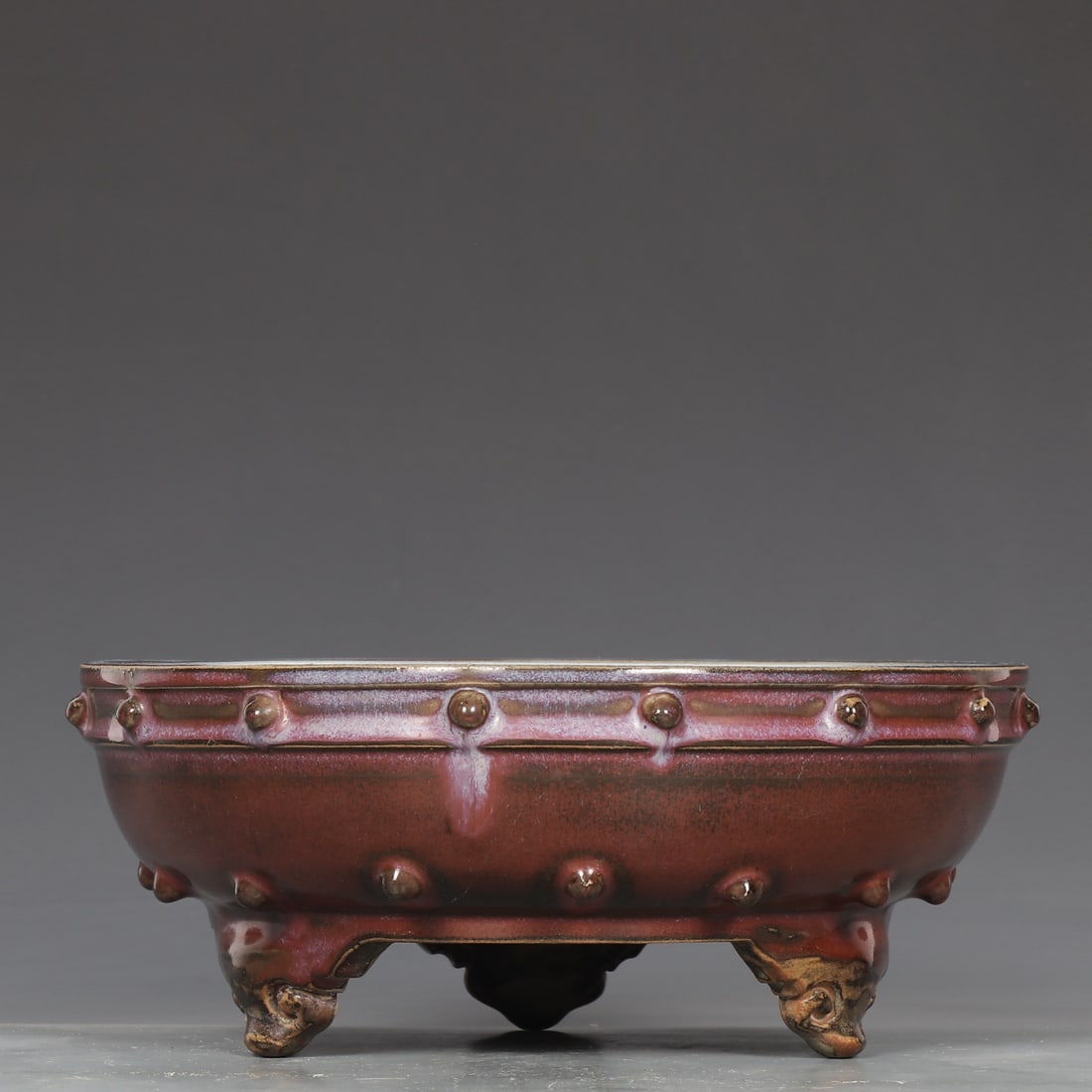 A rose red glazed drum nail three-legged wash made in the Song Dynasty Jun kiln year (1 of 9)