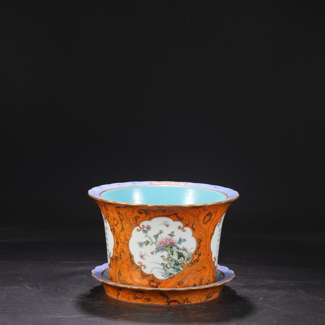 A set of pastel stone pattern glazed window opening flower poetry pattern large pot holders made in: Qing Dynasty Qianlong year pastel stone pattern glazed window flower inscription poetry pattern large pot holder Size:H:18.5cm Calibre:26.5cm D:25cm (The Dimensions Of All Batches Are Manually Measure