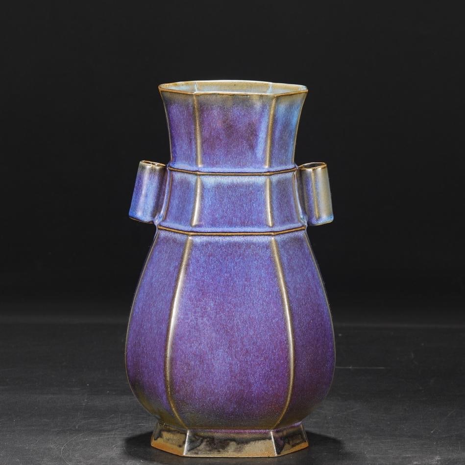 A grape purple-red glaze eight-sided ear piercing bottle from the Jun kiln in the Song Dynasty (1 of 9)