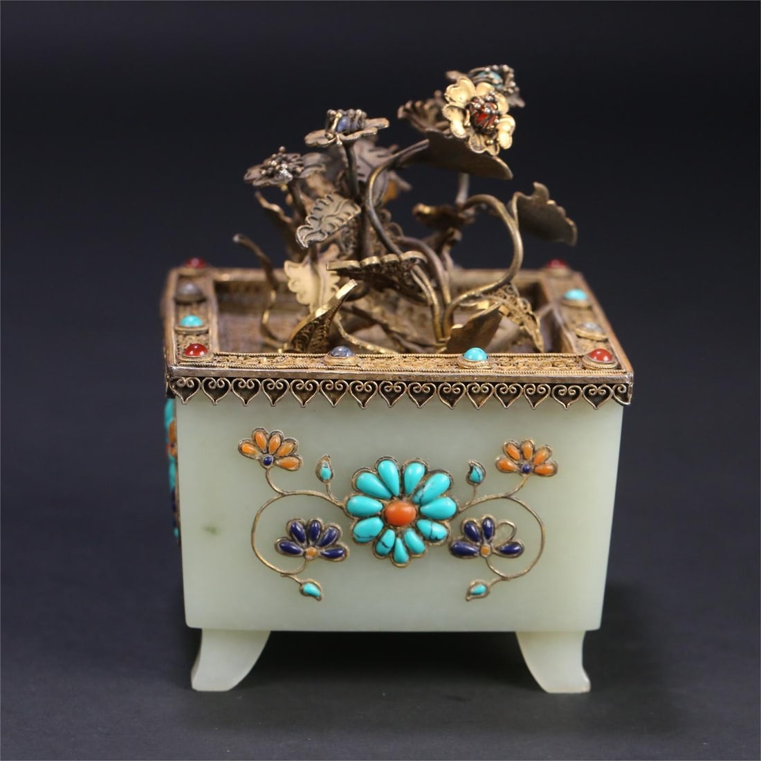 A Qing Dynasty Hendus Hetian jade-encrusted silver-gilt filigree flower pot ornament (1 of 9)