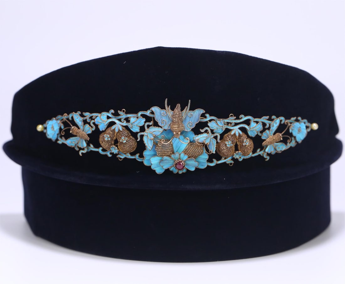 A Qing Dynasty sterling silver gilt filigree dotted emerald gemstone Fulu flower headdress (1 of 9)