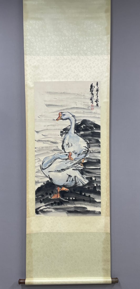 A picture of Huang Zhou's double geese: Huang Zhou's double goose picture Size:98x47cm (The Dimensions Of All Batches Are Manually Measured.If You Need More Detailed Information,Please Contact Our Customer Service Before Bidding.)