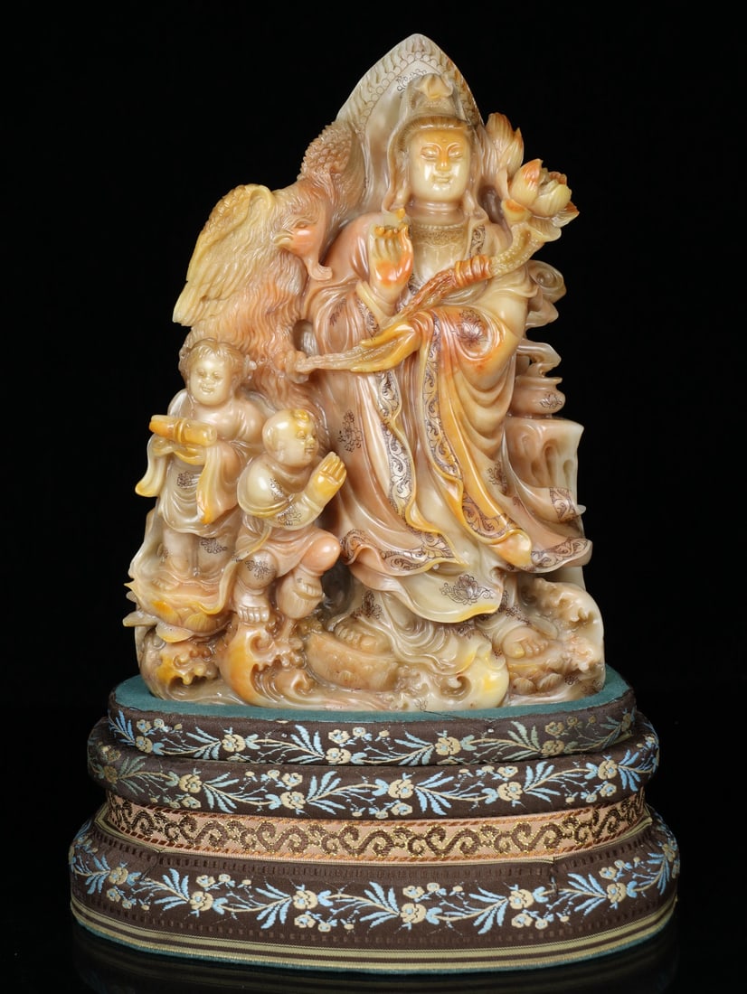 A beautiful Shoushan stone carved figure Guanyin ornament: Exquisite Shoushan stone carved figure Guanyin ornament Size:32×23×16cm W:4.78kg (The Dimensions Of All Batches Are Manually Measured.If You Need More Detailed Information,Please Contact Our Custome