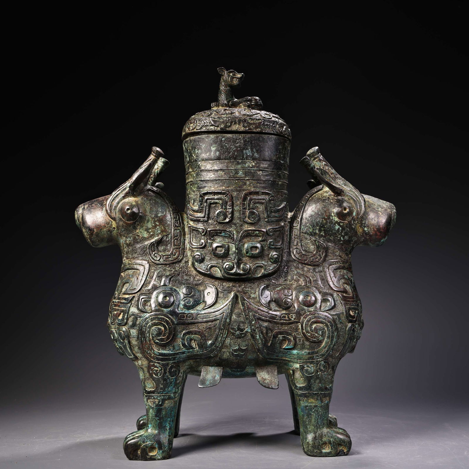 A beautiful bronze longevity face beast double beast statue (1 of 14)