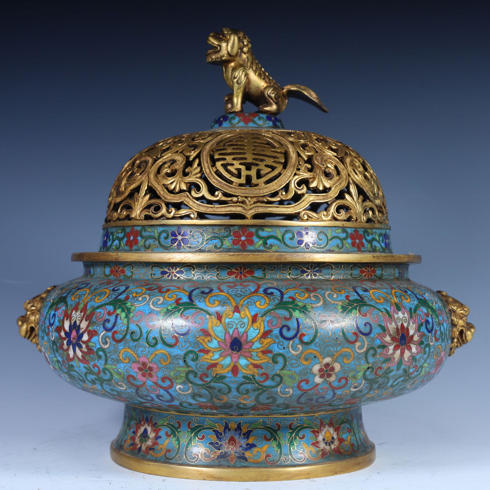 A Qing Dynasty copper tire lion button cloisonné enamel incense burner (1 of 12)