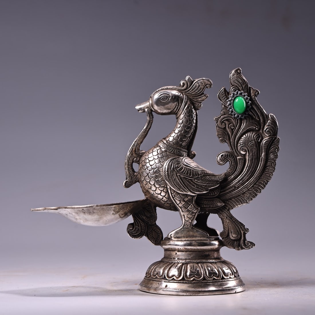 A fine pure copper gilt silver inlaid precious phoenix oil lamp (1 of 9)