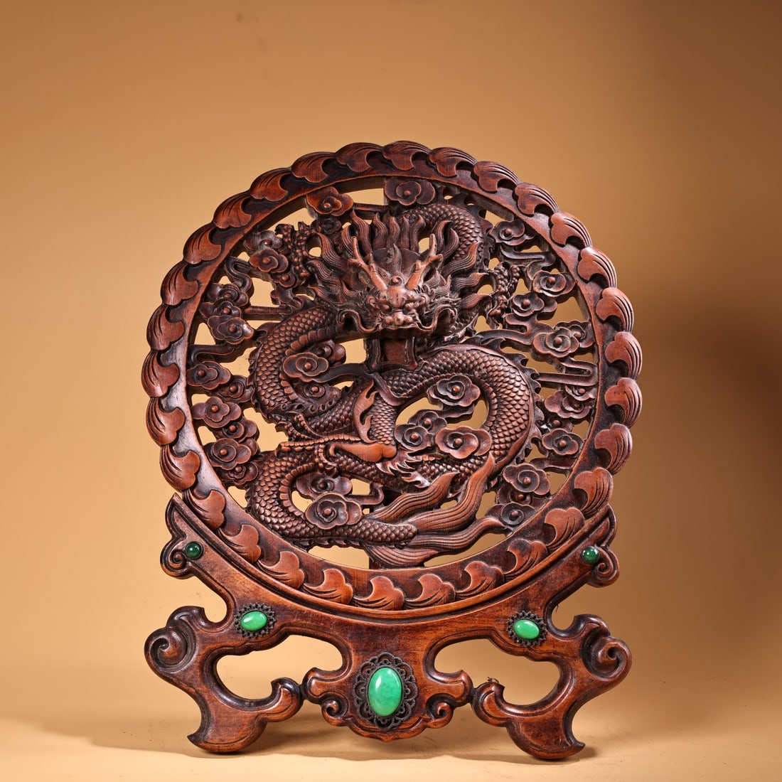 A fine old boxwood high-relief hollow carving inlaid with gemstone dragon screen (1 of 13)