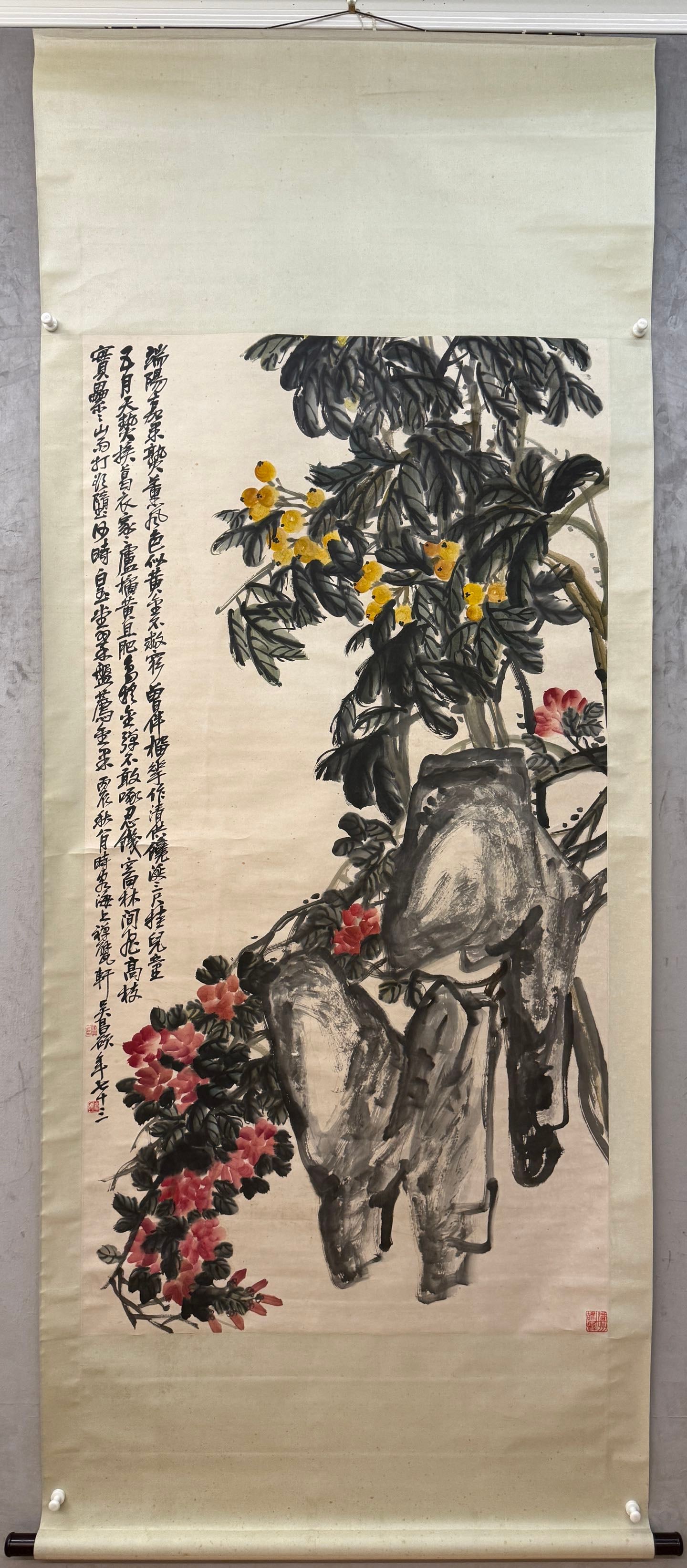 A picture of Wu Changshuo's flowers and birds: Wu Changshuo's flower and bird picture Size:177×93cm (The Dimensions Of All Batches Are Manually Measured.If You Need More Detailed Information,Please Contact Our Customer Service Before Bidding.)