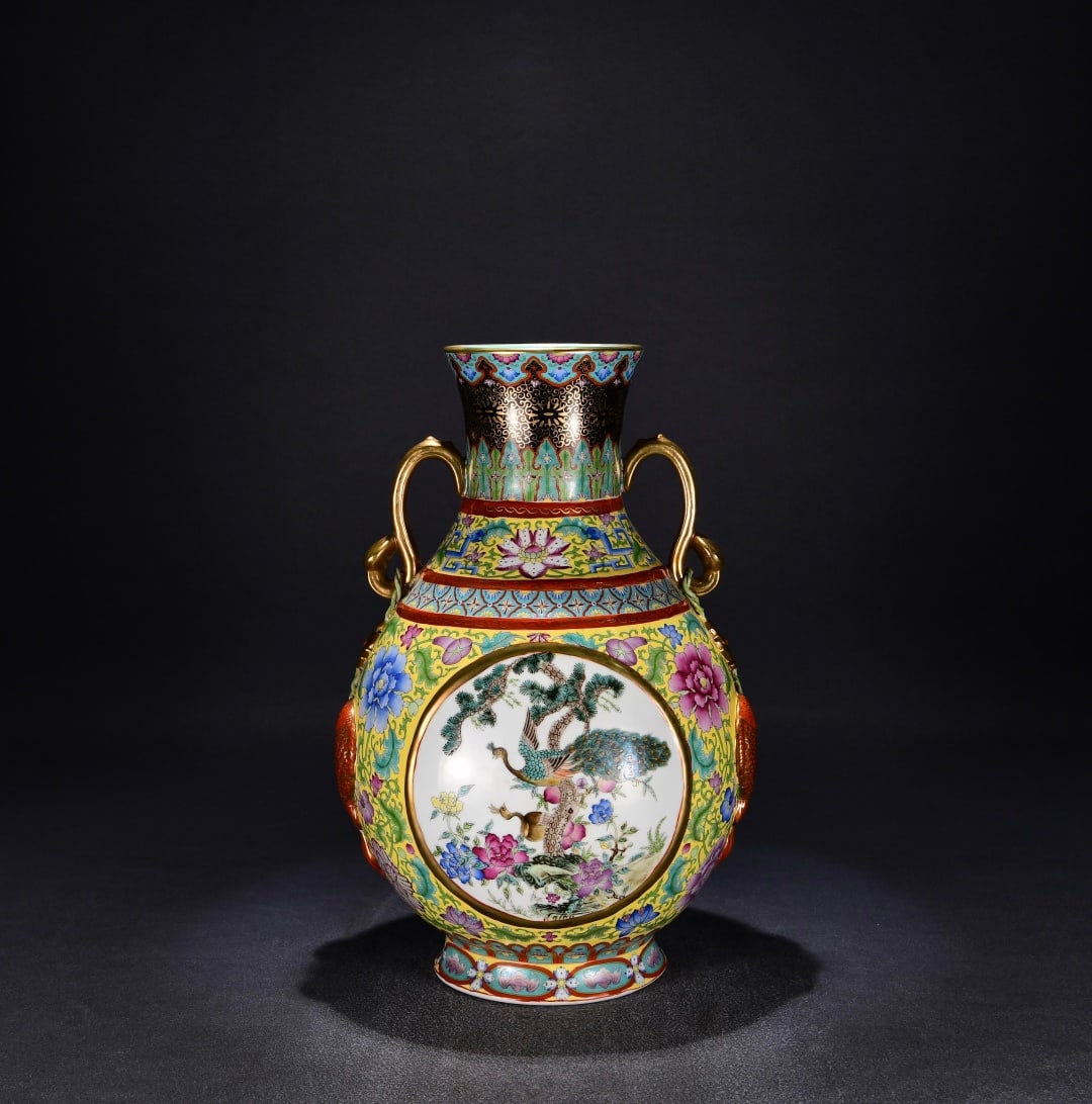 A Qing Dynasty Qianlong era enamel flower and bird gilt ruyi ear bottle: Qing Dynasty Qianlong year enamel flower and bird gilt ruyi ear bottle Size:H:47cm W:30cm (The Dimensions Of All Batches Are Manually Measured.If You Need More Detailed Information,Please Contact Our