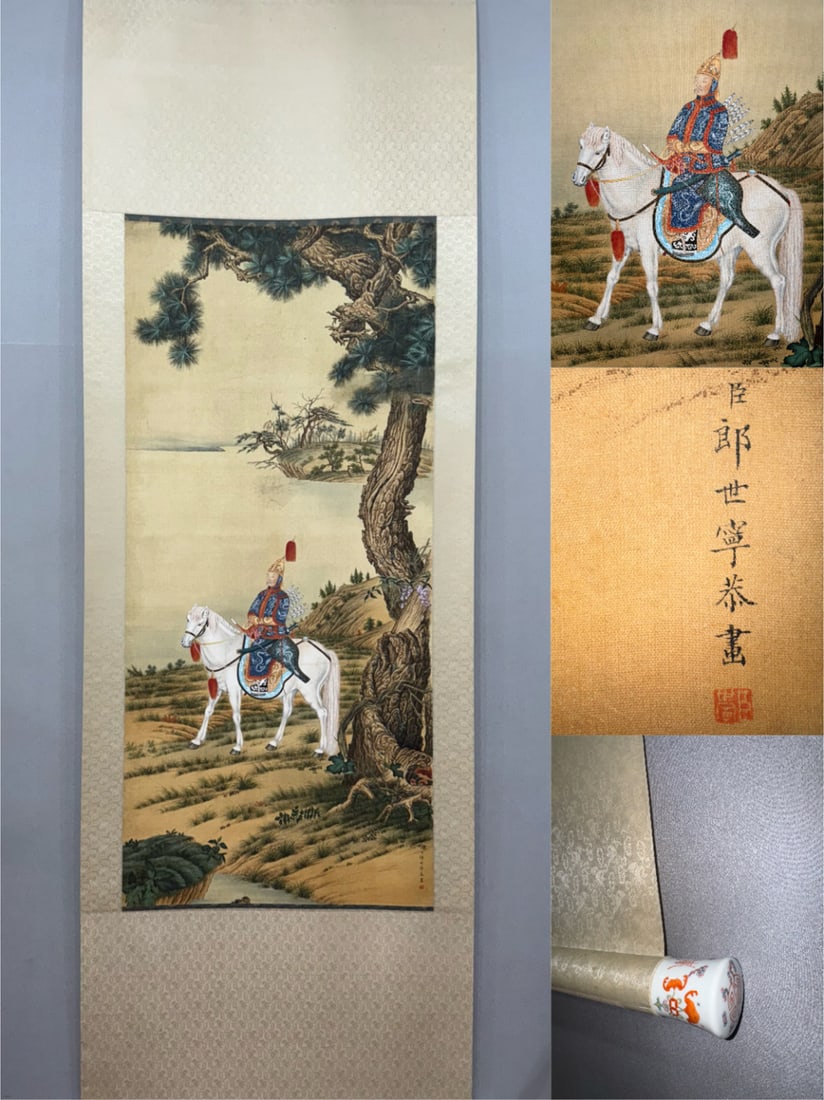 A silk scroll of Lang Shining in the Qing Dynasty: Qing Dynasty Lang Shining's silk vertical scroll Flower core Size:66×145cm (The Dimensions Of All Batches Are Manually Measured.If You Need More Detailed Information,Please Contact Our Customer Servi