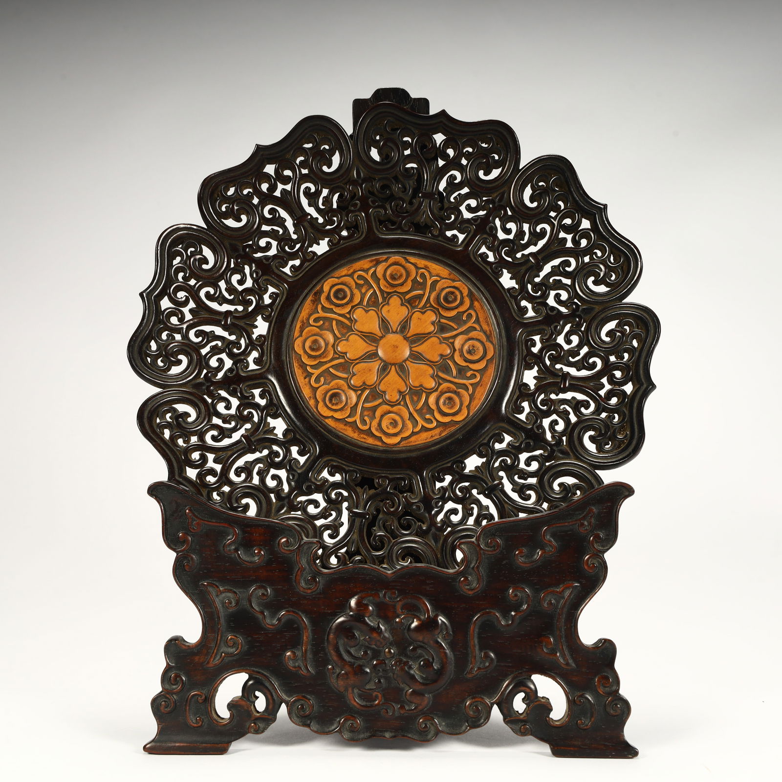 A Qing Dynasty mahogany inlaid boxwood carved flower pattern seat screen (1 of 9)