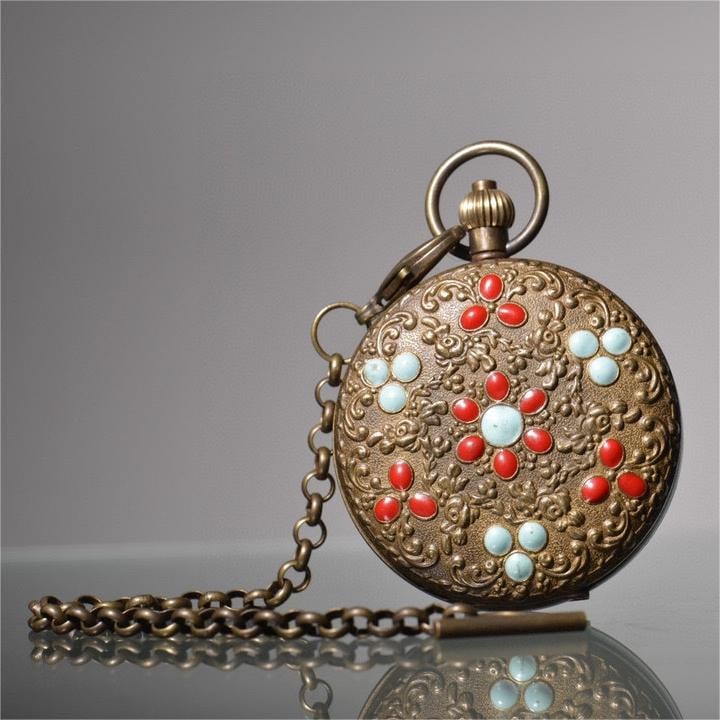 A beautiful copper-inlaid enamel floral sun,moon and stars double-opening pocket watch (1 of 8)