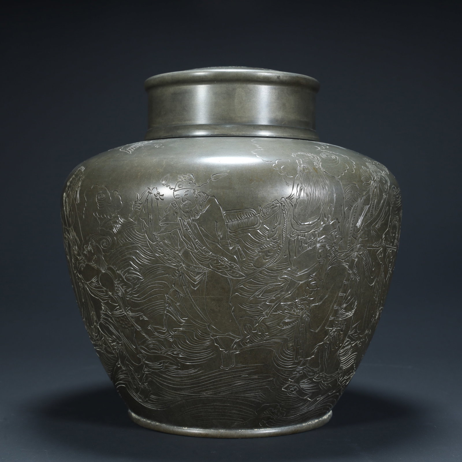 A tea jar of Qing Dynasty tin carved character stories and poems (1 of 9)