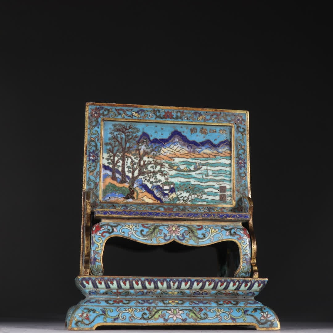 A Qing Dynasty copper gilt cloisonné landscape poetry screen (1 of 9)