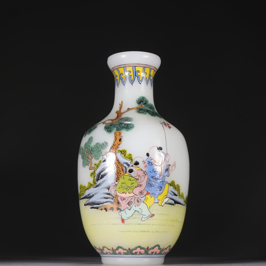 A Qing Dynasty material vessel painted with enamel boys playing and appreciating bottles (1 of 9)