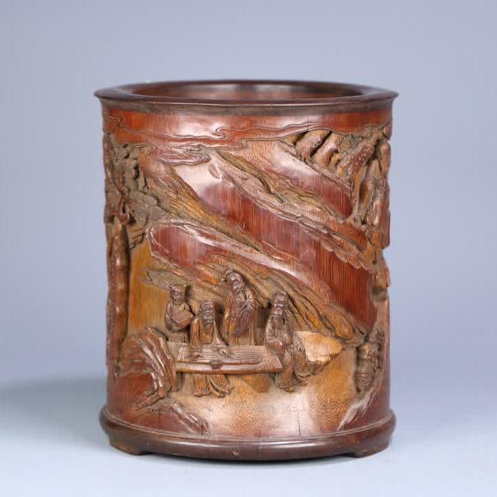 A Qing Dynasty bamboo carved character story pen holder: Qing Dynasty bamboo carving character story pen holder SIZE: 19.2x16.8cm (The Dimensions Of All Batches Are Manually Measured.If You Need More Detailed Information, Please Contact Our Customer Service