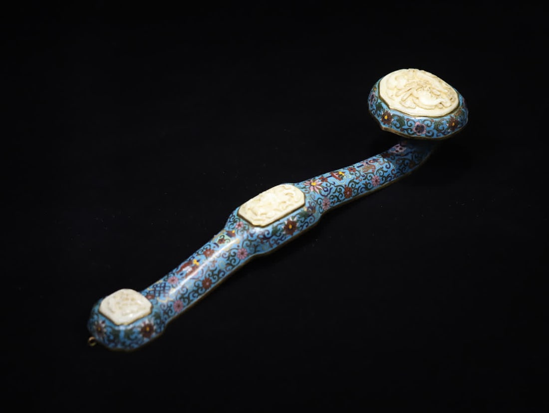 A Qing Dynasty Qianlong model cloisonné enamel inlaid jade ruyi (1 of 9)