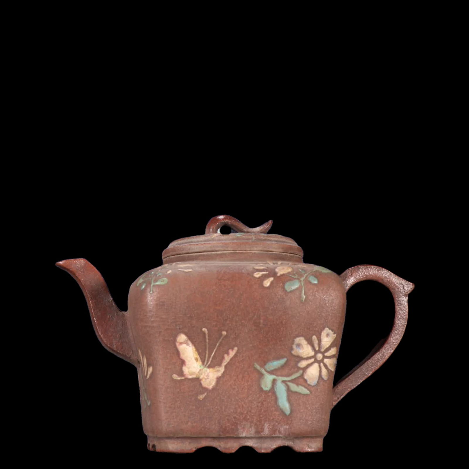 A Qing Dynasty purple sand painted flower butterfly pattern teapot (1 of 9)