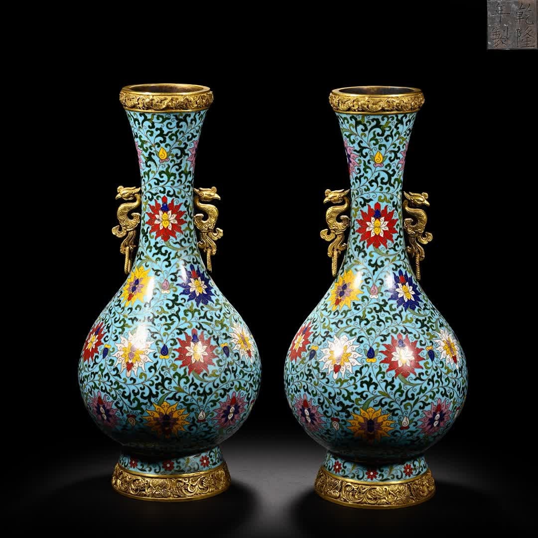 A pair of cloisonné entwined double phoenix ear bottles from the Qing Dynasty (1 of 9)
