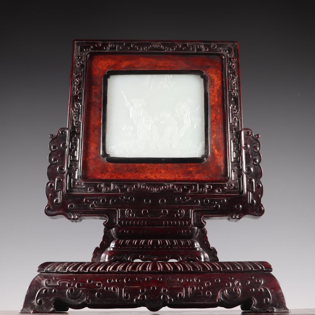 A Hetian jade carving character poetry picture embedded in a cherry tree frame inserted screen (1 of 7)