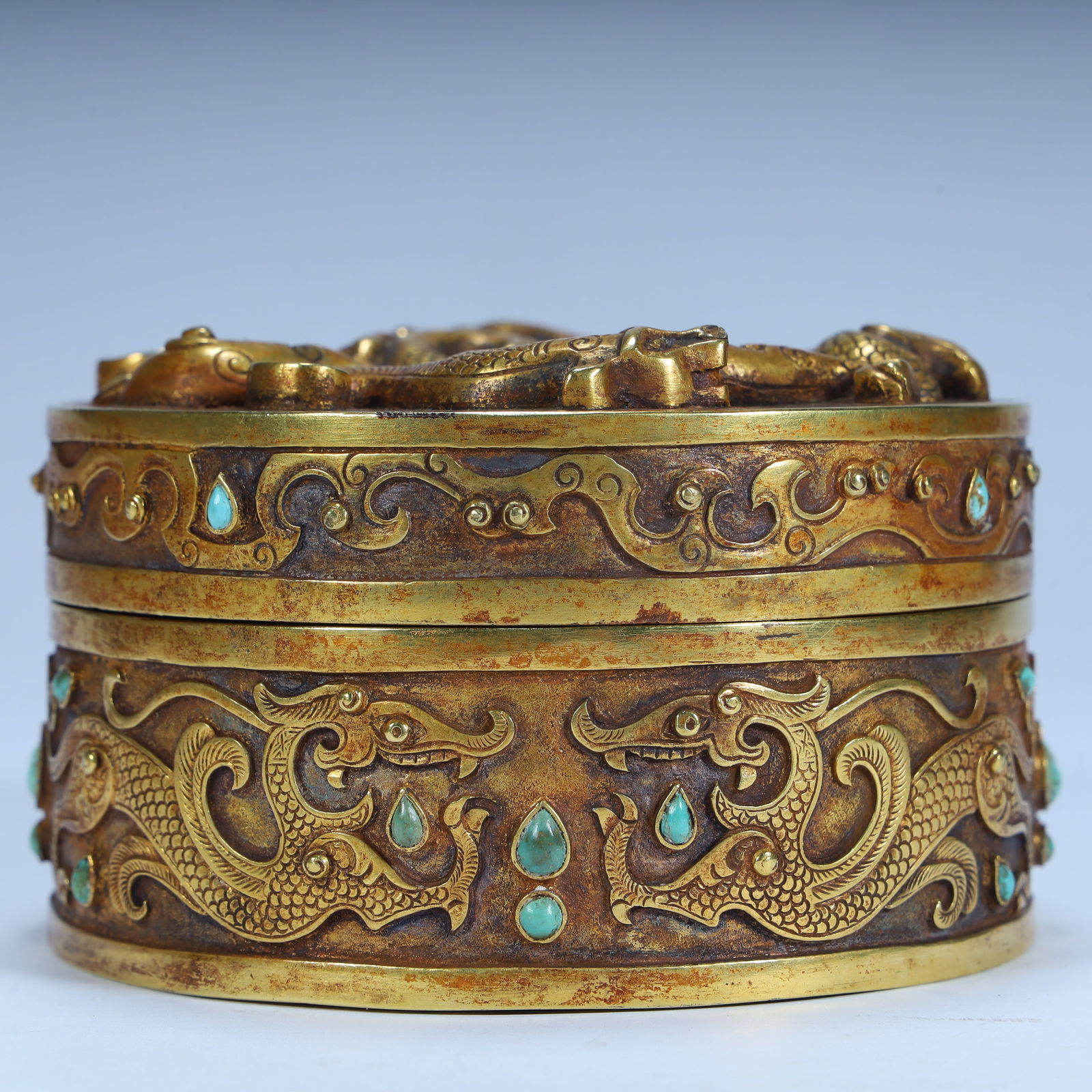 A Qing Dynasty gilded turquoise dragon pattern box (1 of 11)