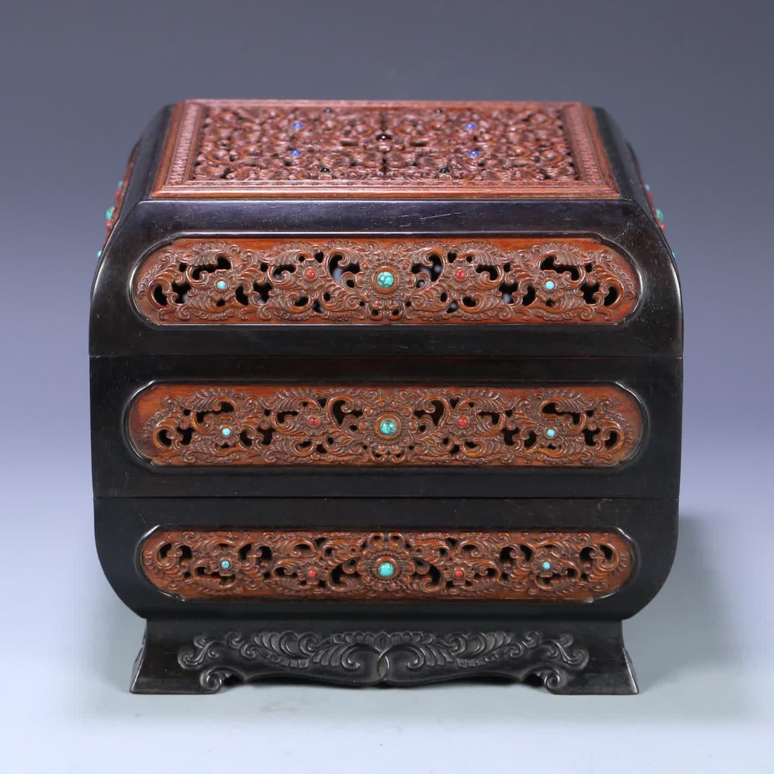 A rosewood inlaid yellow pear hollow entwined flower pattern multi-pavilion lid box (1 of 9)
