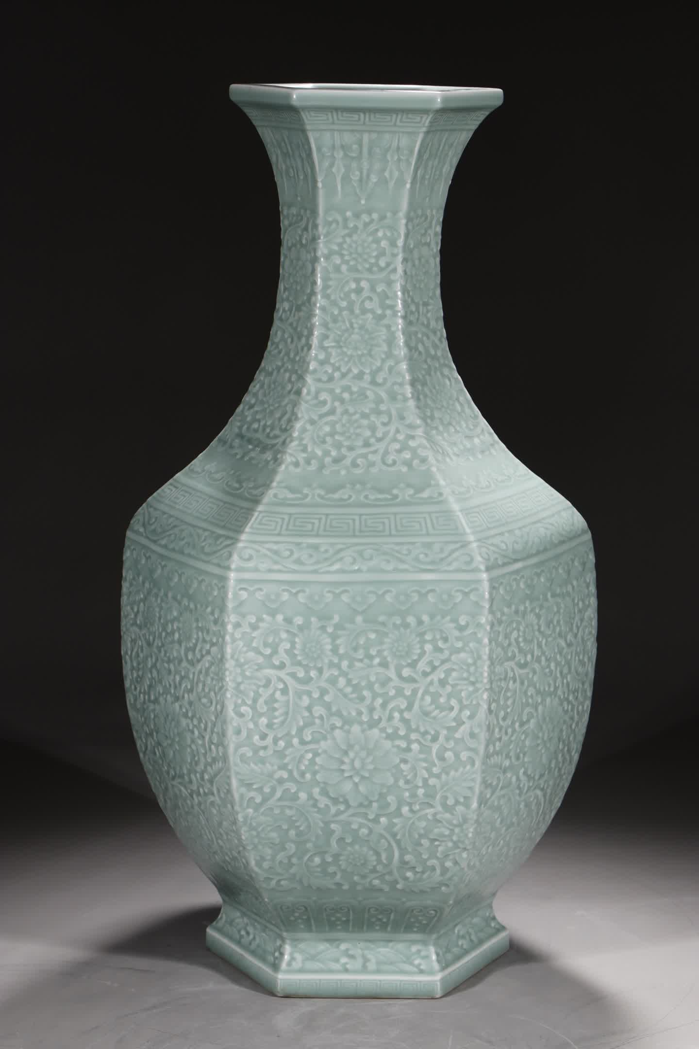 A Qing Qianlong pink celadon entwined flower hexagonal inlay vase (1 of 8)