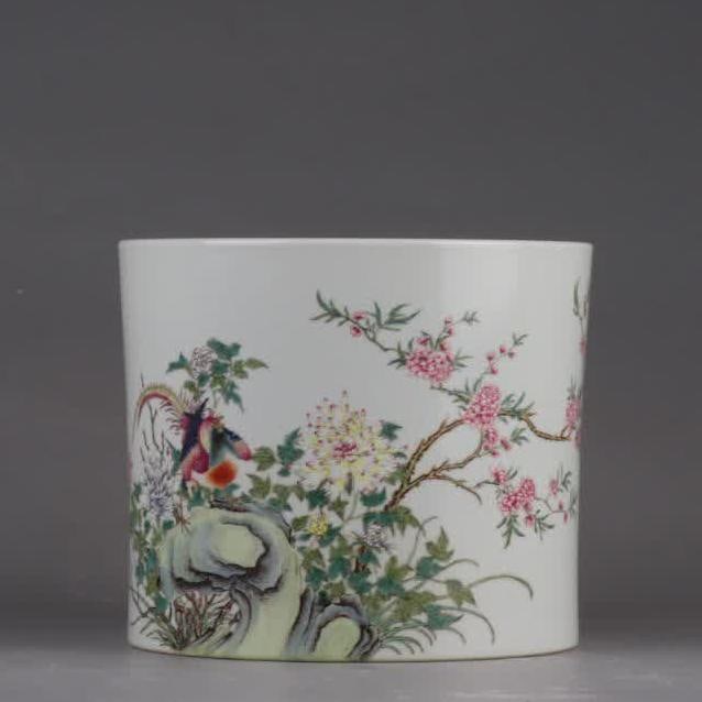 A Qing Yongzheng pastel flower and bird pen holder (1 of 9)