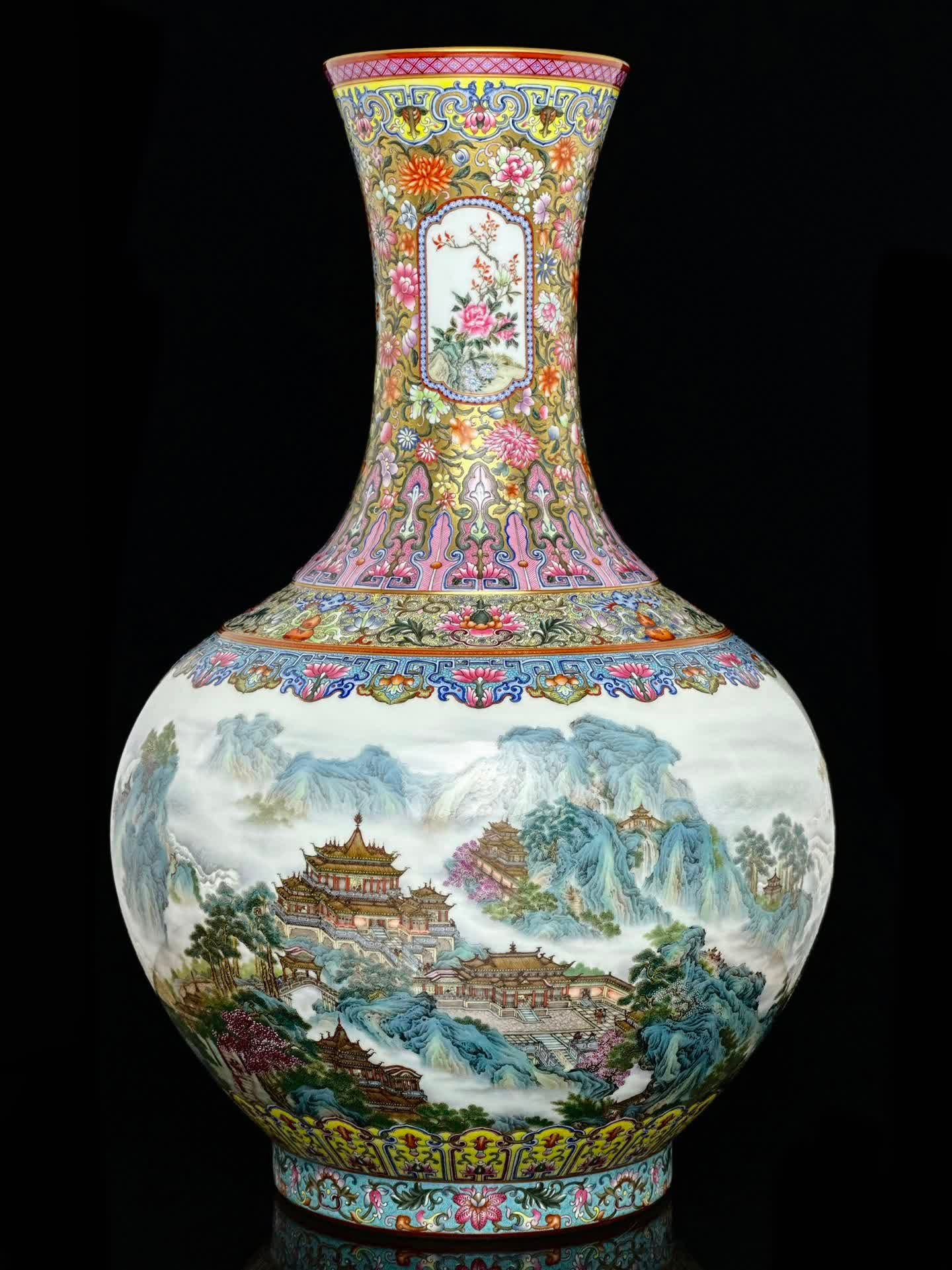 A Qianlong gold land flower ruyi pattern painted with gold-edged landscape pavilions to enjoy the: Qianlong year system gold ground flower ruyi pattern gold rim landscape pavilion view vase SIZE: MouthD: 16cm H: 60cm Belly diameter 37.5cm Bottom diameter 21.3cm (The Dimensions Of All Batches Are Ma