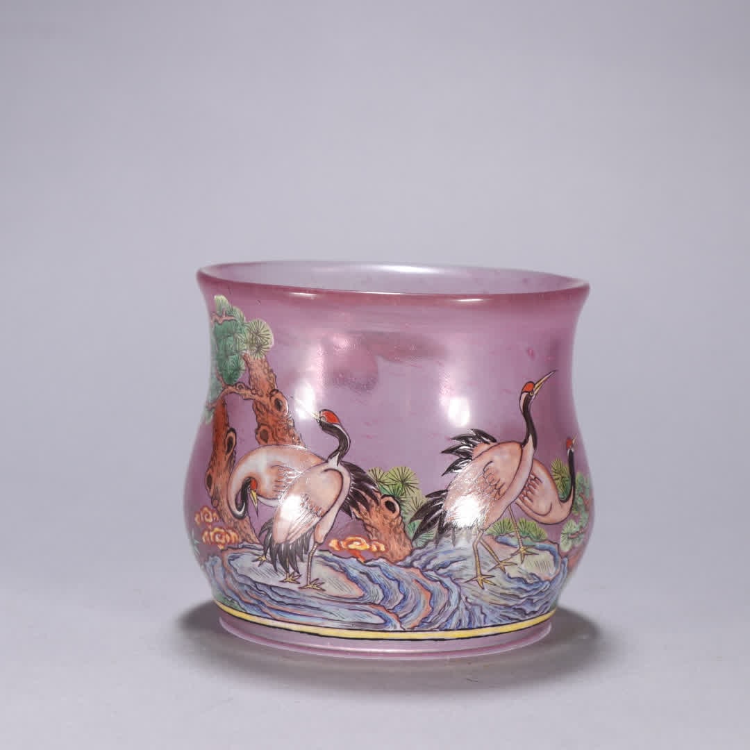 A Qing Dynasty glazed painted pine crane longevity slag bucket: Qing Dynasty glazed painted pine crane longevity slag bucket SIZE: H:7.3cm W:8.6cm W:277.6g (The Dimensions Of All Batches Are Manually Measured.If You Need More Detailed Information, Please Contact O