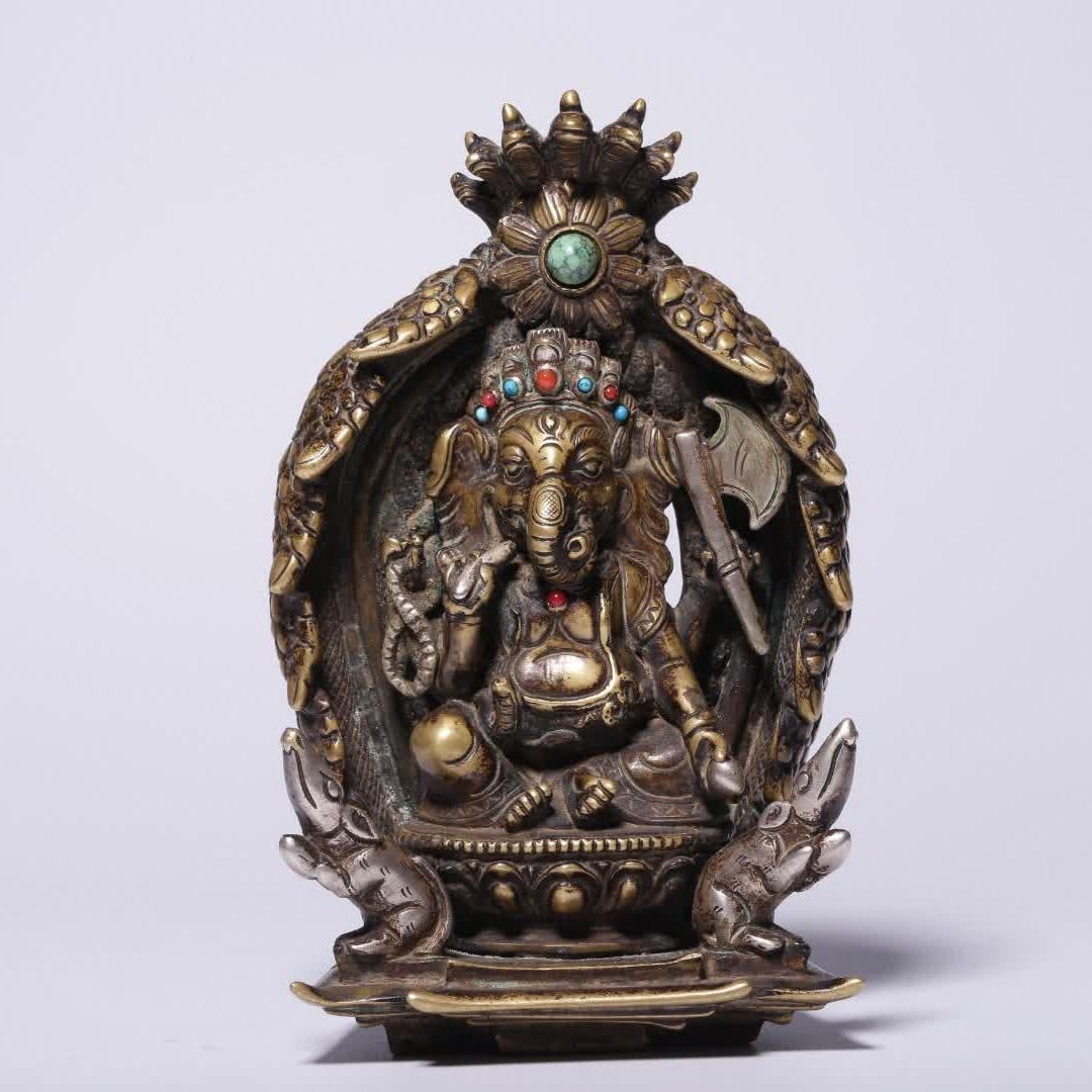 A bronze inlaid turquoise elephant trunk statue of the God of Wealth in the Qing Dynasty (1 of 10)