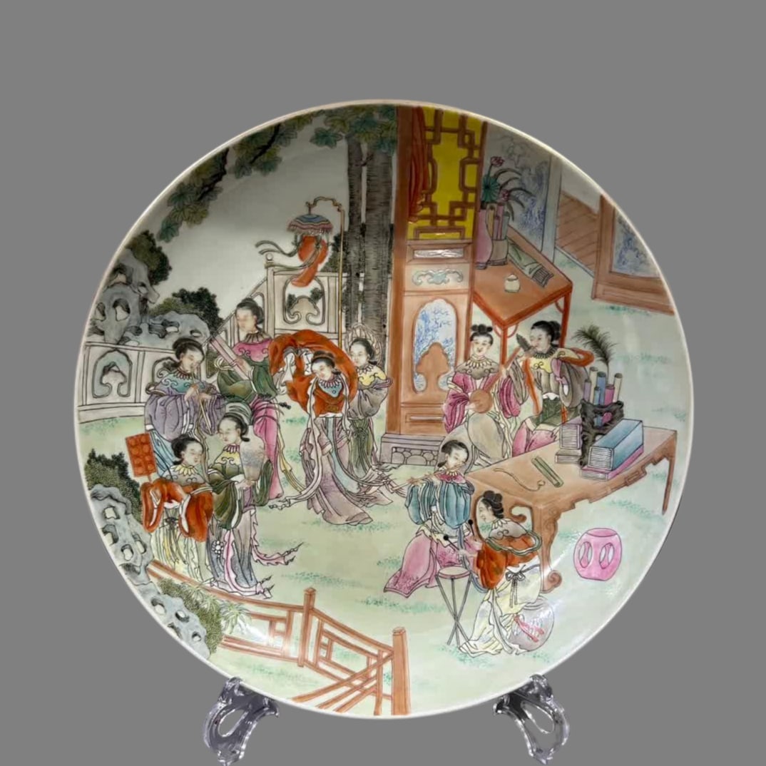 A Qing Dynasty Qianlong pastel figure plate (1 of 6)