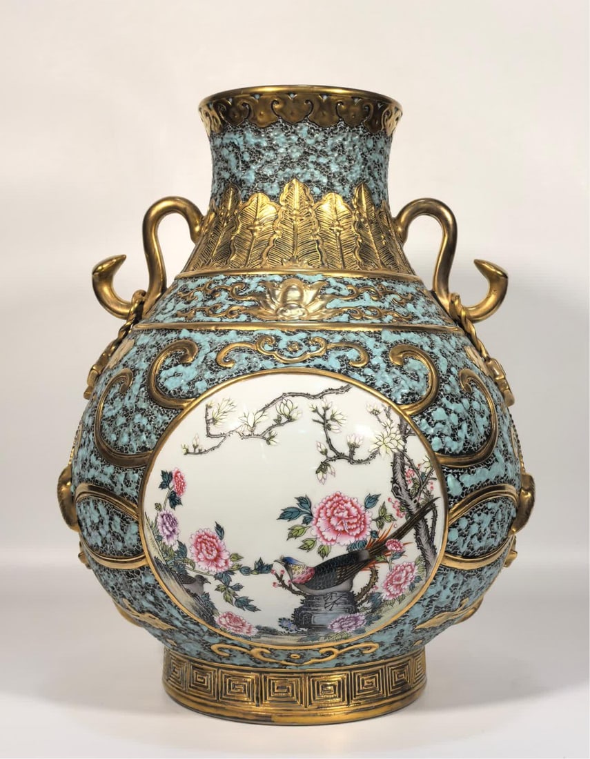 A Qing Qianlong enamel bronze glaze gold-painted window flower and bird ruyi ear bottle (1 of 9)