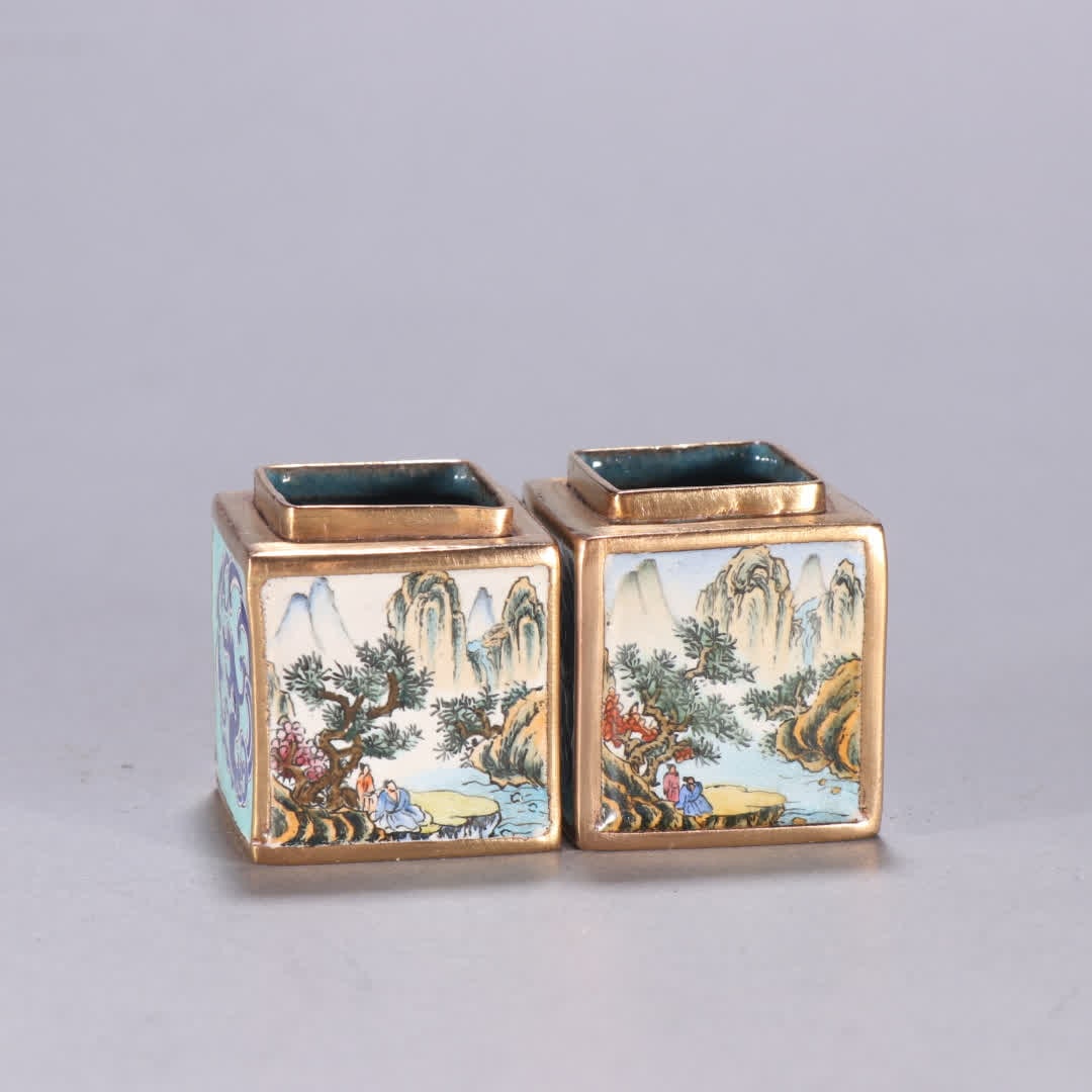 A pair of Qing Dynasty copper tire paintings enamel landscape figures and bird food jars (1 of 9)