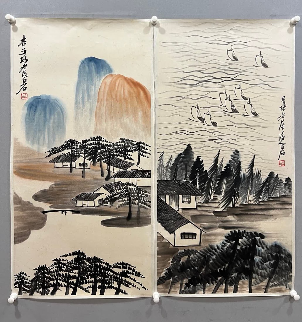 A paper landscape and flower picture of Qi Baishi: Qi Baishi's paper landscape and flower drawings are 14 in total SIZE: 50x100cm (The Dimensions Of All Batches Are Manually Measured.If You Need More Detailed Information, Please Contact Our