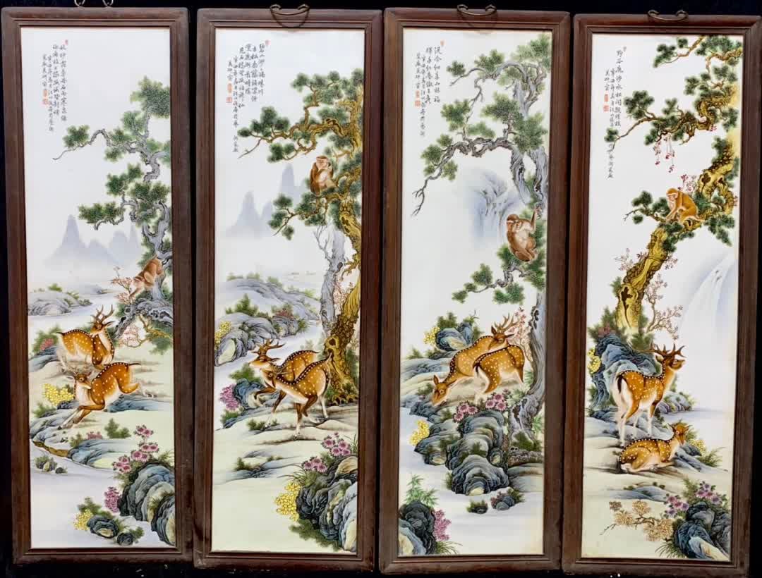 A set of four deer monkey porcelain plates: Jue Lu Feng Hou Lu Monkey Porcelain Plate Set of Four SIZE: Single H: 118cm W: 39cm (The Dimensions Of All Batches Are Manually Measured.If You Need More Detailed Information, Please Contact Our