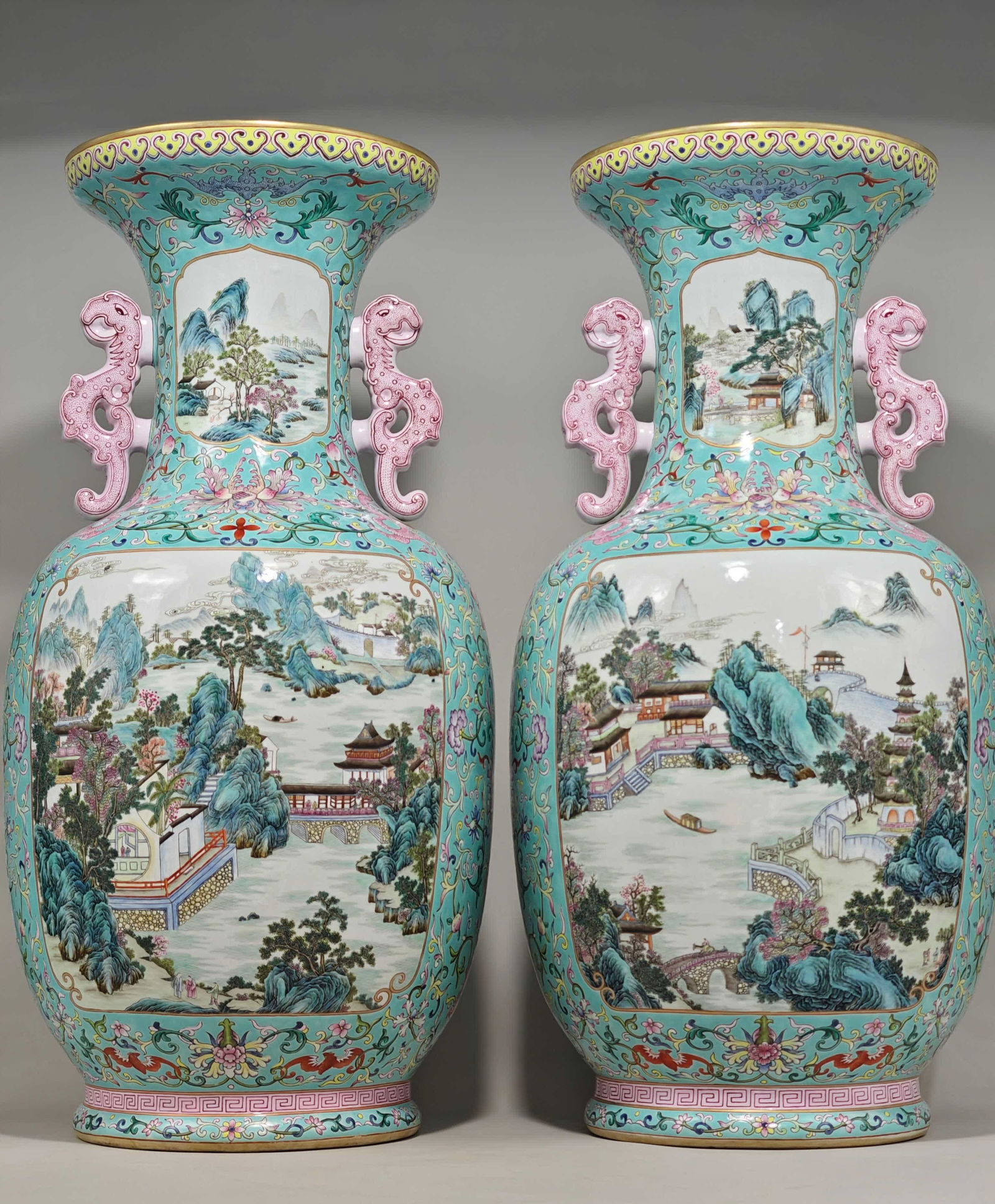 A pair of pastel pine green ground intertwined lotus pattern open-window landscape pattern amphora: Qianlong year of the Qing Dynasty, pastel pine green ground intertwined lotus pattern window landscape pattern amphora SIZE: H:69.8cm D:35cm (The Dimensions Of All Batches Are Manually Measured.If