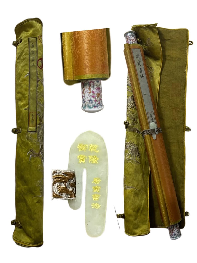 A painting of Tang Yin's calligraphy: Tang Yin's calligraphy with porcelain shaft head SIZE: Total L: 360x50.5cm Core: 300x31.5cm (The Dimensions Of All Batches Are Manually Measured.If You Need More Detailed Information, Please Contact O