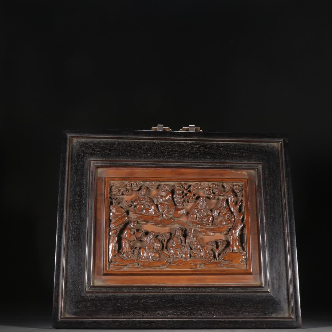 A Qing Dynasty rosewood inlaid sandalwood immortals birthday hanging screen (1 of 9)