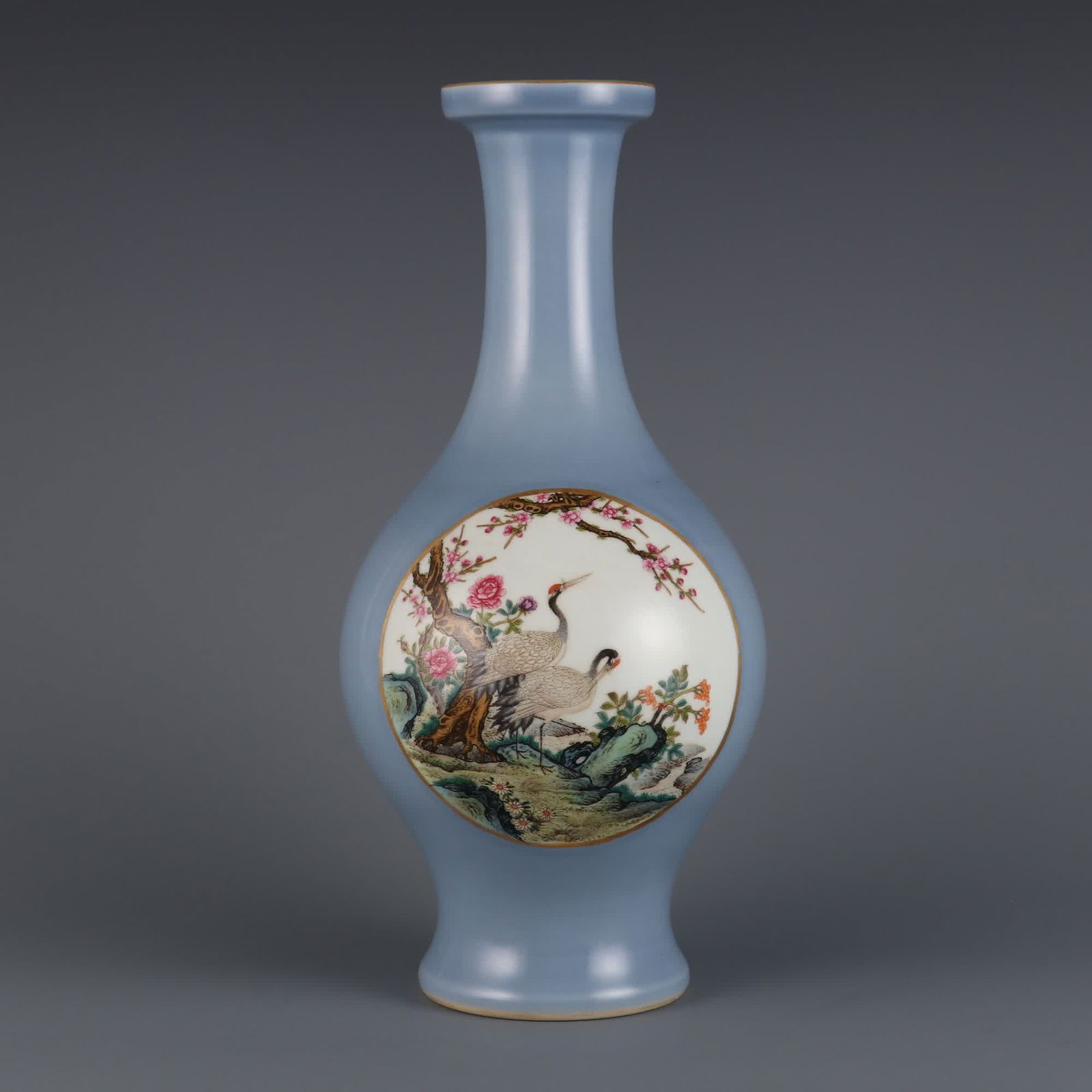 A Qing Qianlong year sky blue glaze consecrated pastel pine crane longevity vase (1 of 9)