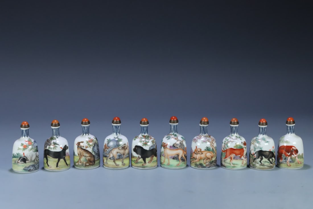 A set of Qianlong year porcelain ten dog picture snuff bottles (1 of 18)