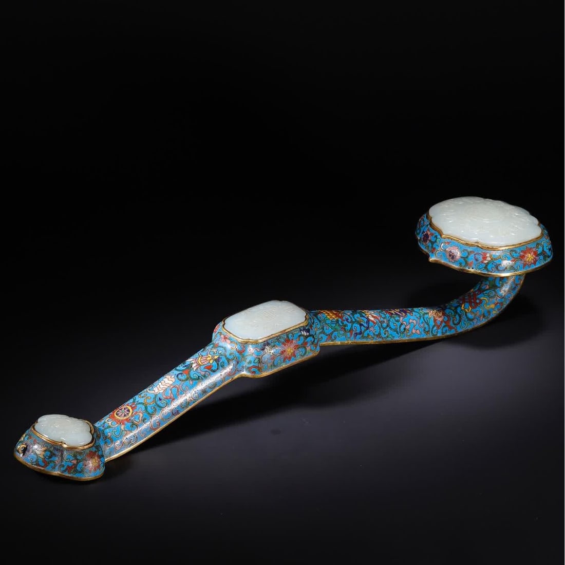 A cloisonné enamel triple inlaid with white jade longevity pattern ruyi (1 of 11)